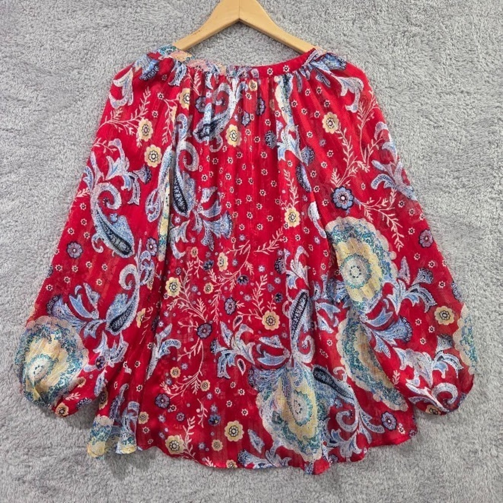 Style & Co Red Floral Paisley Semi-Sheer Popover Blouse Medium Boho Peasant Top - Picture 8 of 10